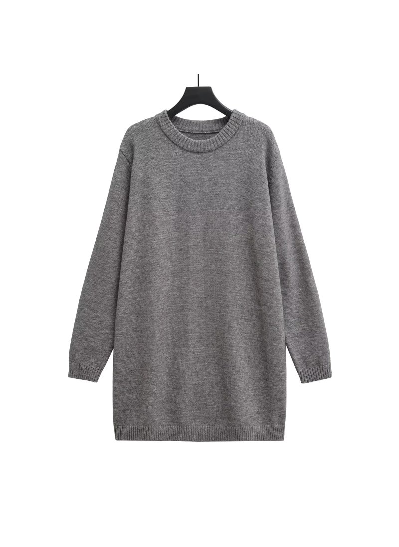 Generic - Autumn New Style Round Neck Long Sleeve Knit Dress Simple Solid Color Loose Fit Sweater Dress Cross-Border Fast Selling Khaki - Image 1
