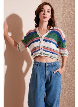 Lela Colored V-Neck Openwork Crop Cardigan Women's Cardigan 6071583  - Image 1
