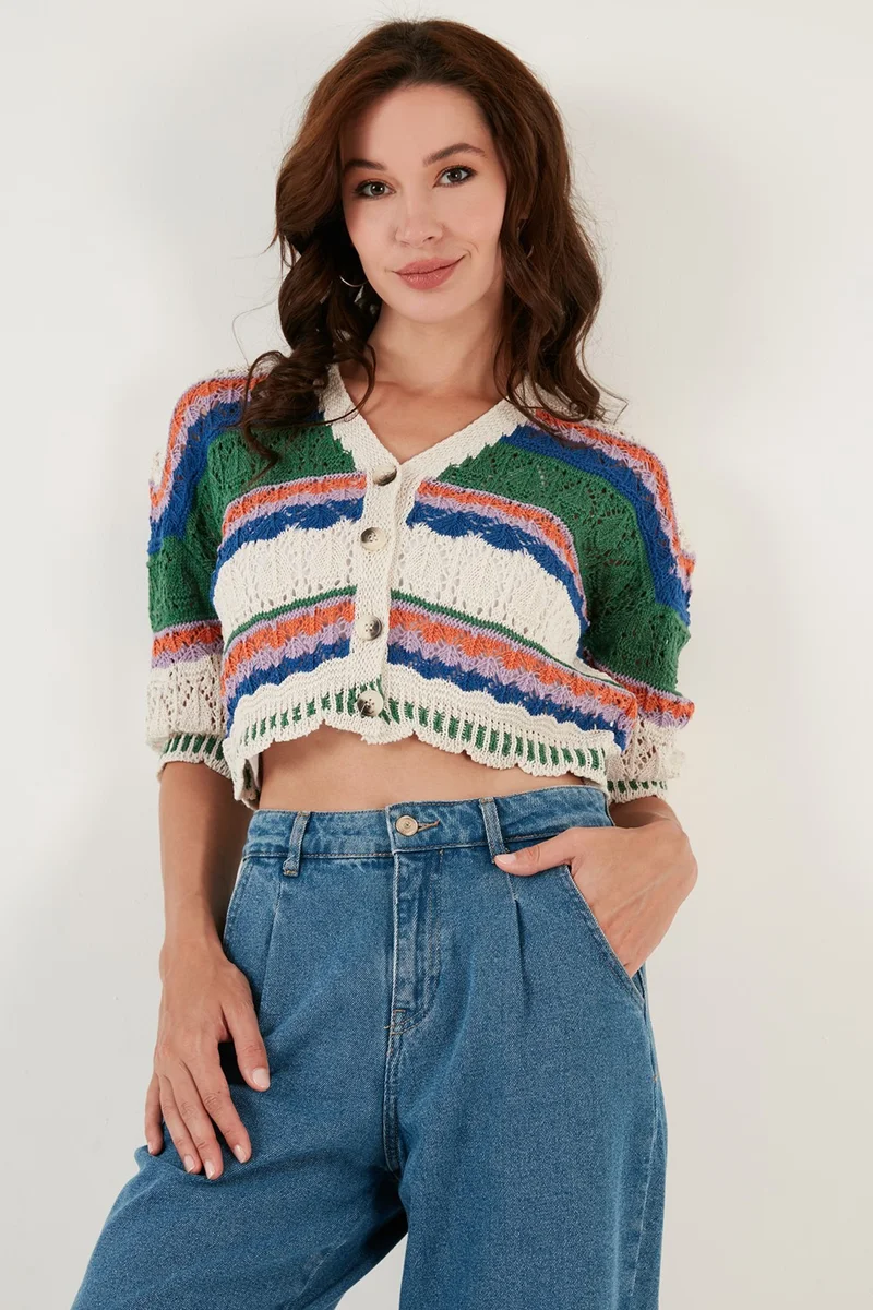 Lela Colored V-Neck Openwork Crop Cardigan Women's Cardigan 6071583