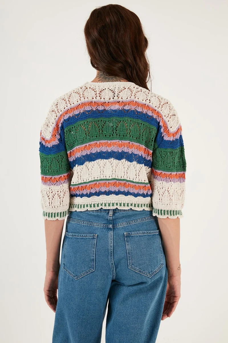 Lela Colored V-Neck Openwork Crop Cardigan Women's Cardigan 6071583