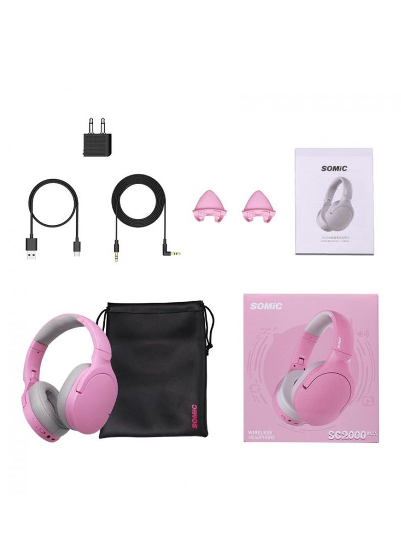 Somic - Wired and Wireless gaming headset SC2000 , Pink stylish headphones noise cancelling headphones built-in 3.5mm audio interface with inbuilt microphone for music , supports ATPX, HIFI class sound quality enjoyment, the sound quality is very good, it is soft comfortable and stable to wear , folding design for easy storage - Image 1