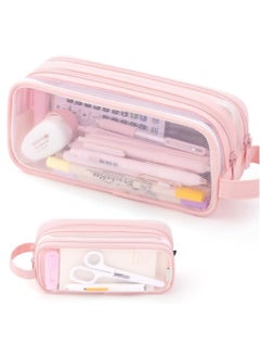 Generic Large Grid Mesh Pencil Case 2 Compartment Pen Bag Clear Handheld Multifunction Pencil Pouch Transparent Makeup Bag for Teen Student College Business Travel Office Adult - Pink  - Image 1
