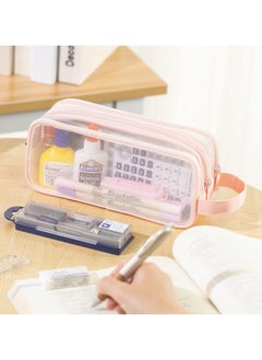 Generic Large Grid Mesh Pencil Case 2 Compartment Pen Bag Clear Handheld Multifunction Pencil Pouch Transparent Makeup Bag for Teen Student College Business Travel Office Adult - Pink  - Image 3