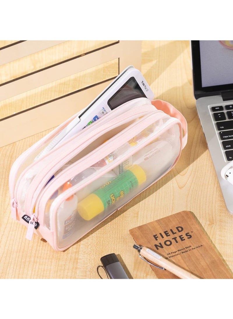 Generic Large Grid Mesh Pencil Case 2 Compartment Pen Bag Clear Handheld Multifunction Pencil Pouch Transparent Makeup Bag for Teen Student College Business Travel Office Adult - Pink  - Image 4