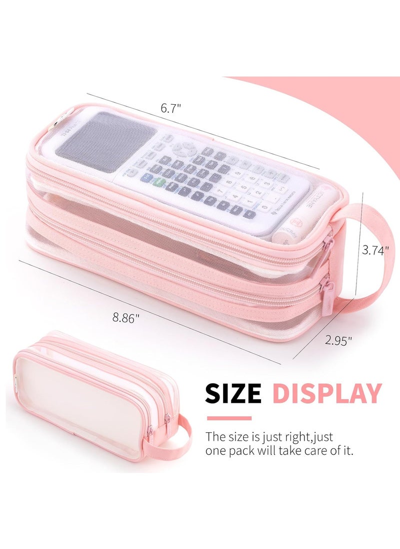 Generic Large Grid Mesh Pencil Case 2 Compartment Pen Bag Clear Handheld Multifunction Pencil Pouch Transparent Makeup Bag for Teen Student College Business Travel Office Adult - Pink  - Image 2