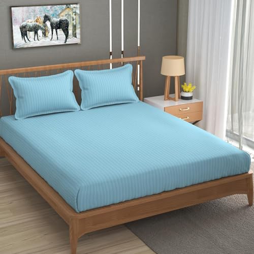 Blue Strip 220 TC Glace Cotton Satin Stripes Plain Size Bedsheet for Double Bed with Two Pillow Covers for Home/Hotels/Guest House,Size-90x90 Inches(Flat) (Aqua Blue) - Image 2