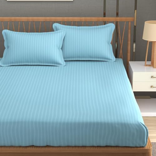 Blue Strip 220 TC Glace Cotton Satin Stripes Plain Size Bedsheet for Double Bed with Two Pillow Covers for Home/Hotels/Guest House,Size-90x90 Inches(Flat) (Aqua Blue) - Image 1