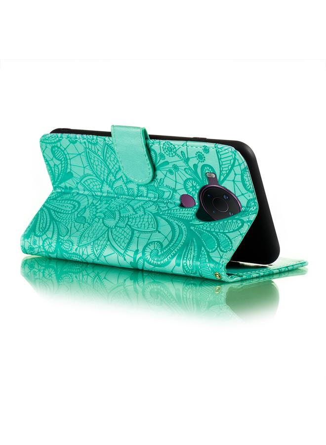 اس-توب جراب لهاتف Nokia 5.4، جراب جلدي أفقي قابل للطي بنقش زهور الدانتيل مع حامل وفتحات للبطاقات ومحفظة وإطار للصور - Image 5