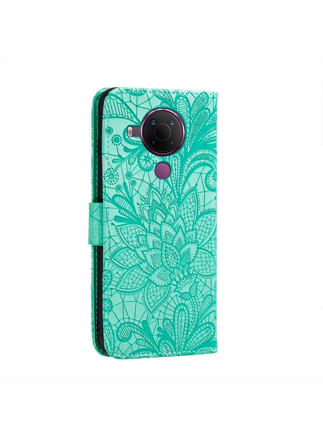 اس-توب جراب لهاتف Nokia 5.4، جراب جلدي أفقي قابل للطي بنقش زهور الدانتيل مع حامل وفتحات للبطاقات ومحفظة وإطار للصور - Image 3