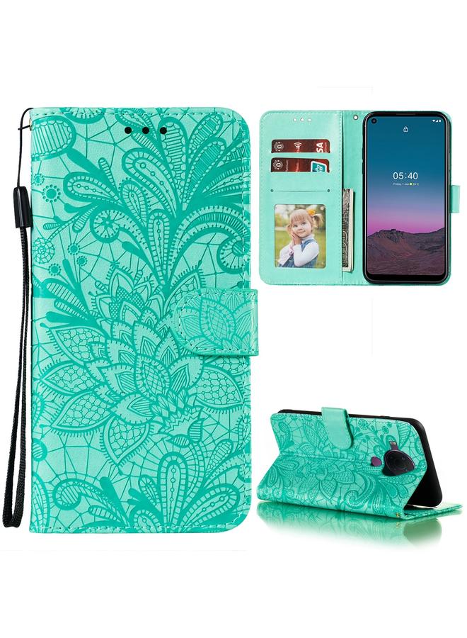 اس-توب جراب لهاتف Nokia 5.4، جراب جلدي أفقي قابل للطي بنقش زهور الدانتيل مع حامل وفتحات للبطاقات ومحفظة وإطار للصور - Image 1