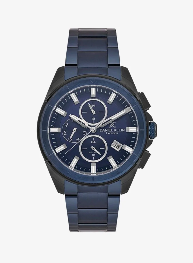Daniel Klein Men's Stainless Steel Black and Blue Alloy Case Analog Blue Round Sunray Dial Japanese Quartz Exclusive 50 Meters Water Resistant