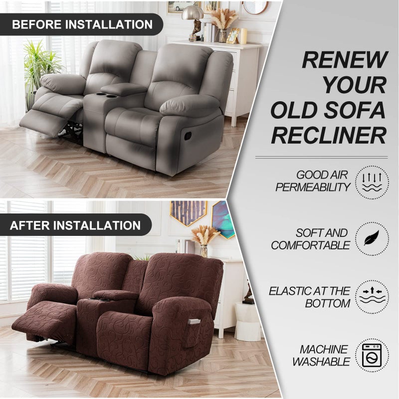 YUEANG Recliner Loveseat Cover with Center Console, 2 Seater Jacquard Recliner Sofa Slipcover with Pockets Washable Stretch Reclining Couch Covers Furniture Protector with Elastic Straps (Chocolates) - Image 5