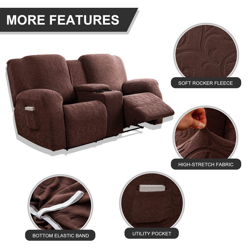 YUEANG Recliner Loveseat Cover with Center Console, 2 Seater Jacquard Recliner Sofa Slipcover with Pockets Washable Stretch Reclining Couch Covers Furniture Protector with Elastic Straps (Chocolates) - Image 2