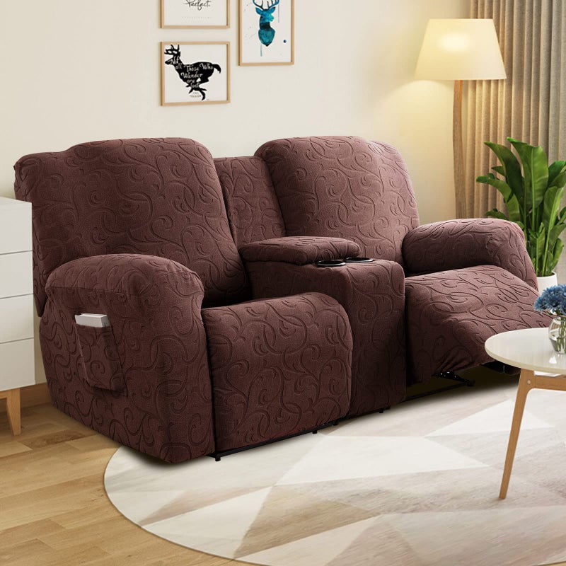 YUEANG Recliner Loveseat Cover with Center Console, 2 Seater Jacquard Recliner Sofa Slipcover with Pockets Washable Stretch Reclining Couch Covers Furniture Protector with Elastic Straps (Chocolates) - Image 4