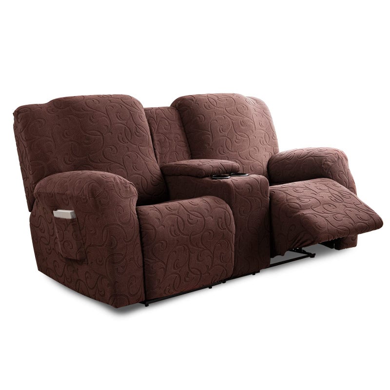 YUEANG Recliner Loveseat Cover with Center Console, 2 Seater Jacquard Recliner Sofa Slipcover with Pockets Washable Stretch Reclining Couch Covers Furniture Protector with Elastic Straps (Chocolates) - Image 1