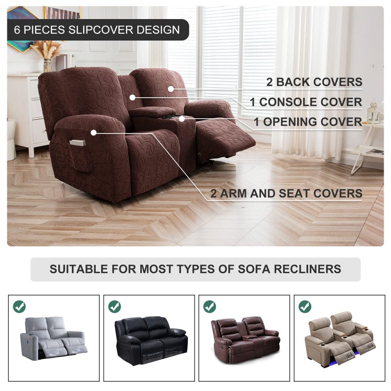 YUEANG Recliner Loveseat Cover with Center Console, 2 Seater Jacquard Recliner Sofa Slipcover with Pockets Washable Stretch Reclining Couch Covers Furniture Protector with Elastic Straps (Chocolates) - Image 3