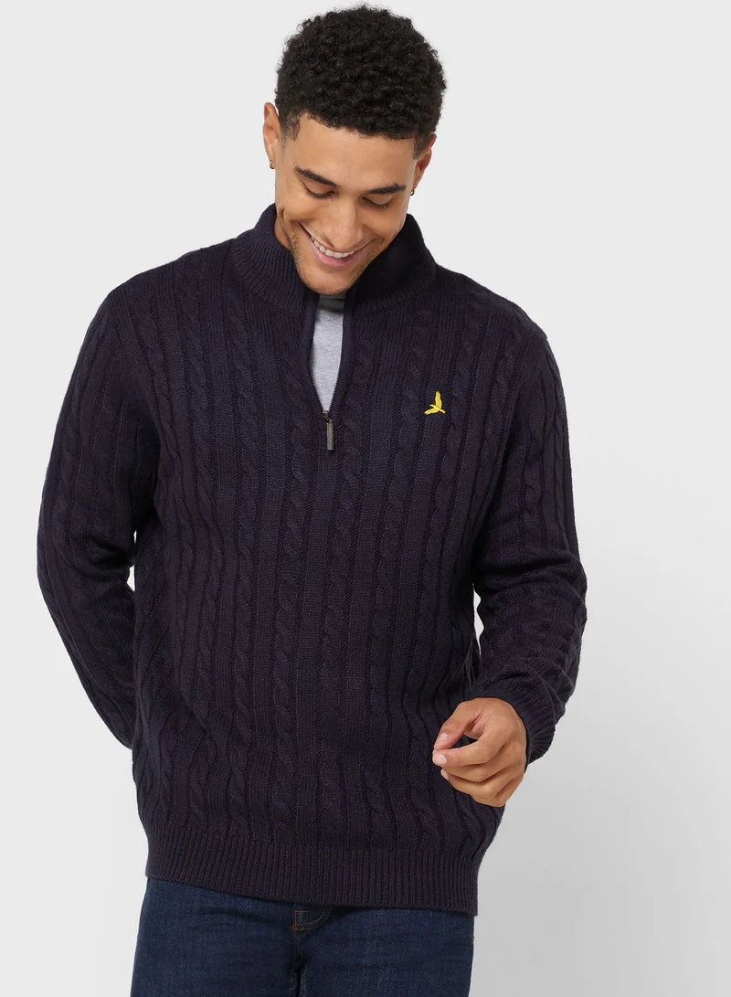 BRAVE SOUL Cable Knit Zip Neck Sweater