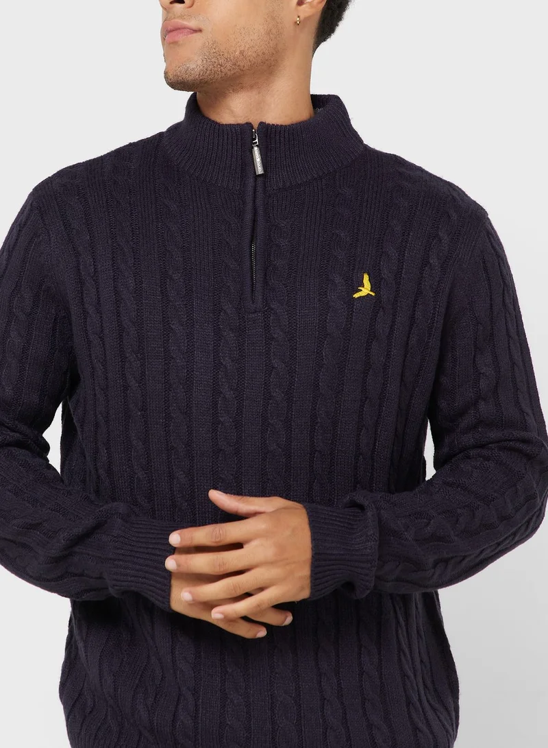 BRAVE SOUL Cable Knit Zip Neck Sweater