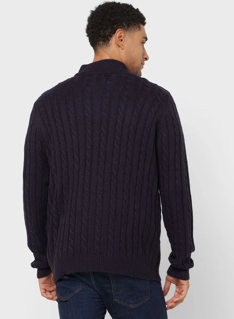 BRAVE SOUL Cable Knit Zip Neck Sweater