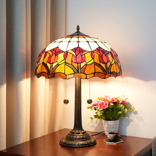 Blivuself Red Tulip Tiffany Table Lamps for Bedside Bedroom Tiffany Style Stained Glass Nightstand Lamp 16X16X23 INCH Home Office Bedroom Decor Light - Image 2