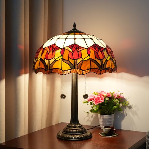 Blivuself Red Tulip Tiffany Table Lamps for Bedside Bedroom Tiffany Style Stained Glass Nightstand Lamp 16X16X23 INCH Home Office Bedroom Decor Light - Image 3