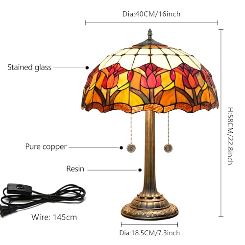 Blivuself Red Tulip Tiffany Table Lamps for Bedside Bedroom Tiffany Style Stained Glass Nightstand Lamp 16X16X23 INCH Home Office Bedroom Decor Light - Image 5