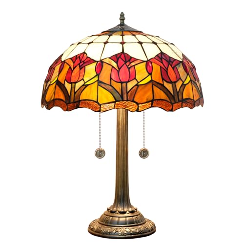 Blivuself Red Tulip Tiffany Table Lamps for Bedside Bedroom Tiffany Style Stained Glass Nightstand Lamp 16X16X23 INCH Home Office Bedroom Decor Light - Image 1