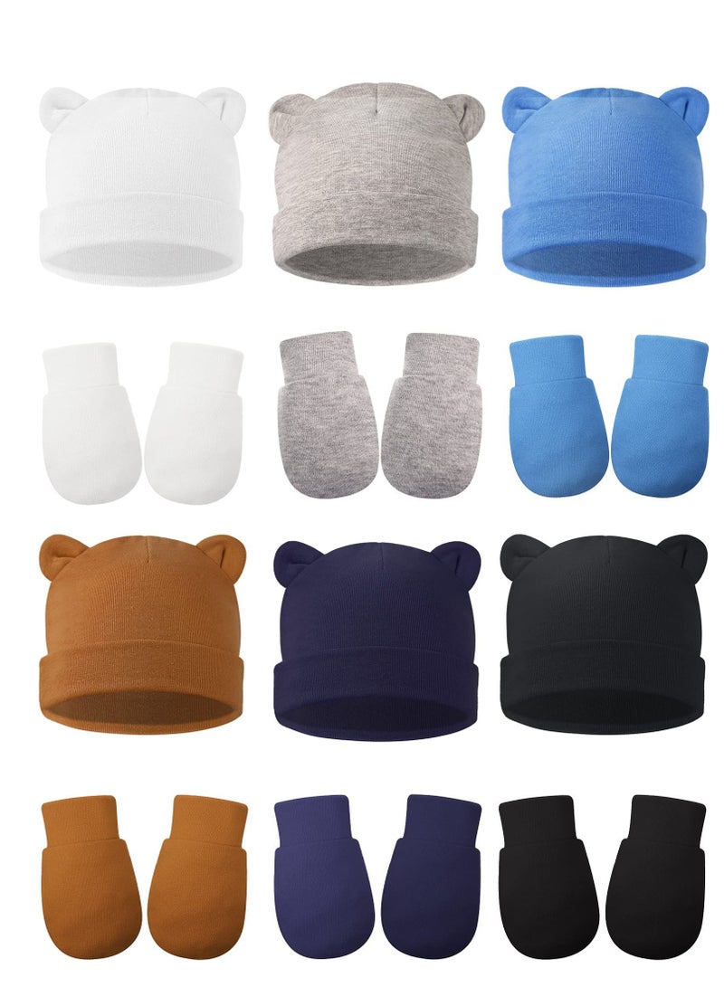 Newborn Baby Fetal Cap and Gloves Set - 6 Cute Cotton Accessories for Hospital (White, Grey, Blue, Black, Dark Blue, Brown) - Beanie and Mittens for Maternity Birth. - Image 1