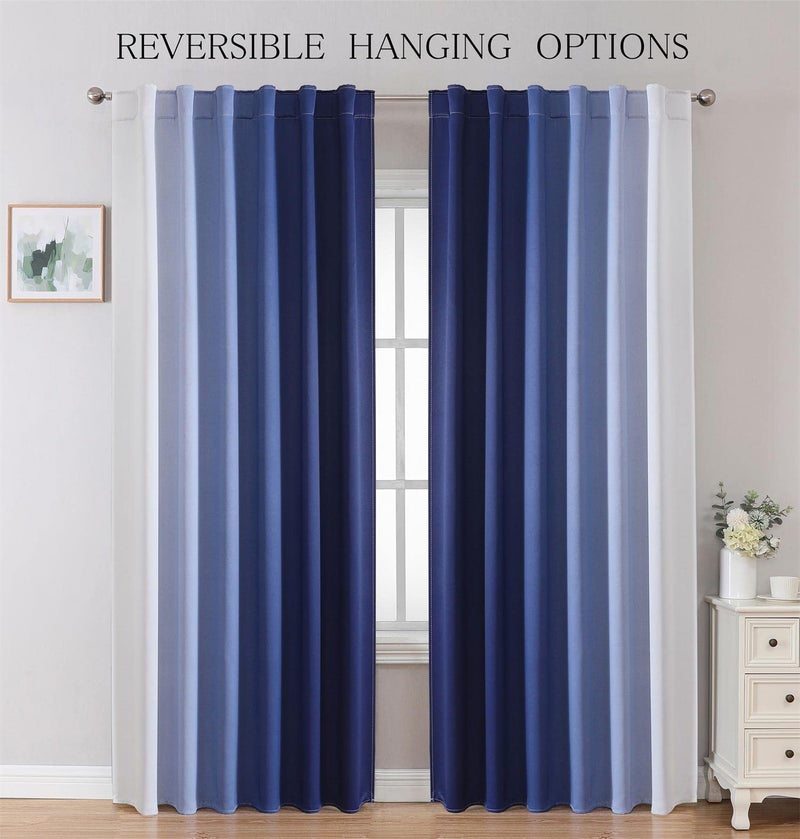 MIUCO Blackout Curtains & Drapes for Bedroom Living Room 84 Inches Long Navy Blue and White Room Darkening Ombre Curtains Rod Pocket & Back Tab Curtains Thermal Insulated Light Blocking 2 Panels Set - Image 2