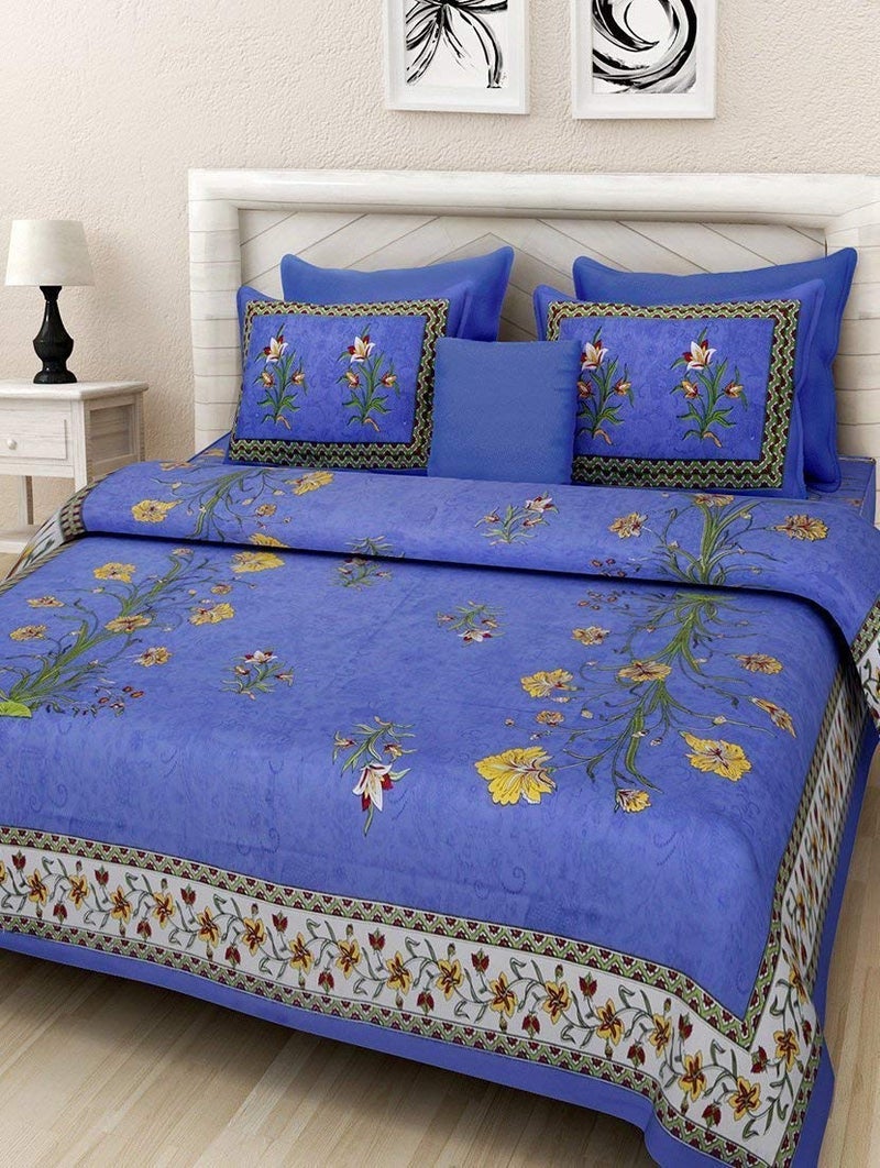 Ealth Kart 100% Cotton Comfort 180 TC Rajasthani Jaipuri Traditional King Size 1 Double Bedsheet with 2 Pillow Covers - Blue - Image 1