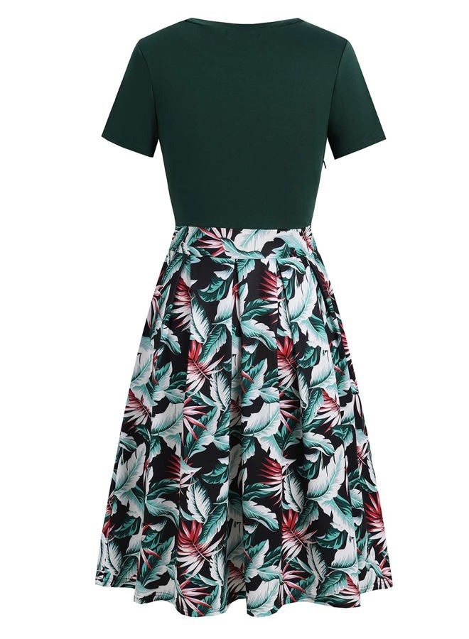 HELYO Women's Elegant Vintage Business Casual Floral Print Work Party A-Line Swing Dress with Pockets 838 (M, Green Floral) - Image 4