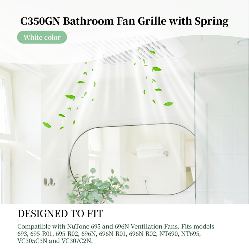 ZAITOE C350GN Bathroom Exhaust Fan Cover Replacement with Spring Compatible with Nu-tone 695 and 696N Ventilation Fans for Bathroom Vent Fan Cover Grille 8.75" x 9.125"(White) - Image 2