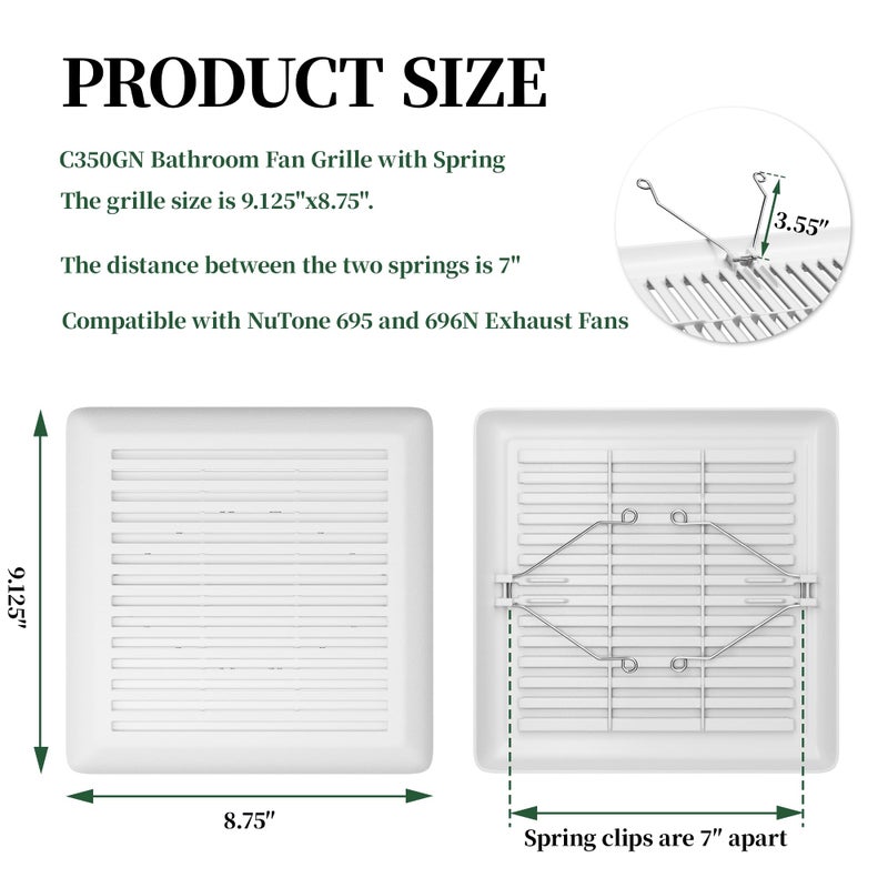 ZAITOE C350GN Bathroom Exhaust Fan Cover Replacement with Spring Compatible with Nu-tone 695 and 696N Ventilation Fans for Bathroom Vent Fan Cover Grille 8.75" x 9.125"(White) - Image 3