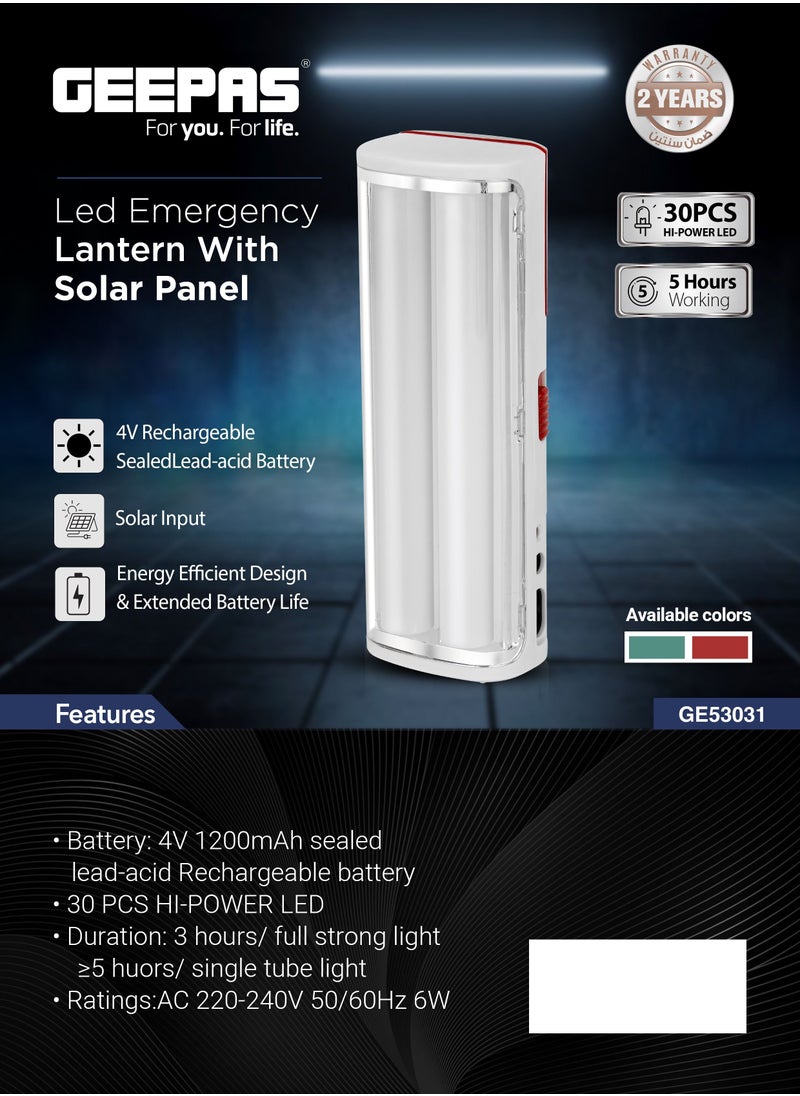 GEEPAS Hi-Power LED Emergency Lantern with Solar Panel,30 Pieces Hi-Power LEDs,Compact, Portable and Light-Weight Design,Red and White  - Image 1