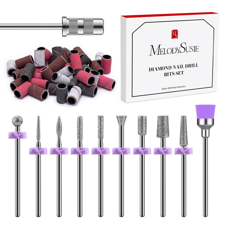 MelodySusie Nail Drill Bits 10Pcs Diamond Sanding Bit Set with 40pcs Sanding Bands 120180240 Grits with 665mm Mandrel Bit Nail Gel Polish Remover Tool for Acrylic Nails Manicure Nail Prep