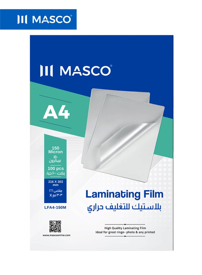 MASCO A4 Laminating Film 150 Micron, Heat Lamination Sheets, 100 Pieces - Image 1