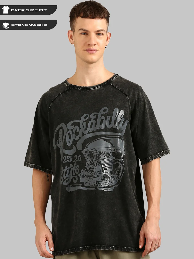 Men Black Printed Pure Cotton Oversized Raglan Distressed T-Shirt