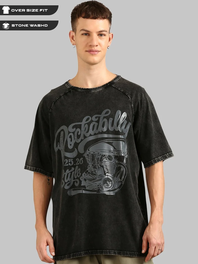 Joven Men Black Printed Pure Cotton Oversized Raglan Distressed T-Shirt