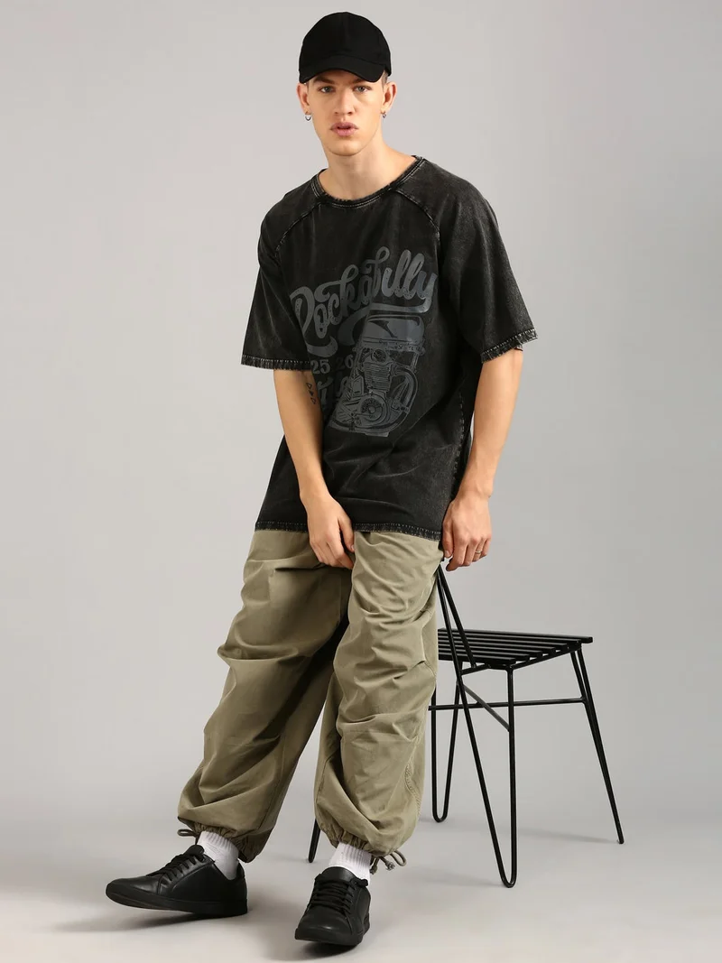 Joven Jade Black Men Black Printed Pure Cotton Oversized Raglan Distressed T-Shirt for Men | Best Price UAE