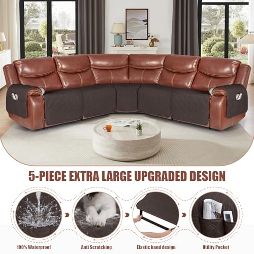 VANSOFY Extra Large Reclining Sectional Couch Covers, Waterproof 5-Piece Sofa Covers for L Shape Sectional Sofa Corner Seater Washable Slipcover for Pets, Dogs(5 Seat Recliner Cover, Chocolate) - Image 3