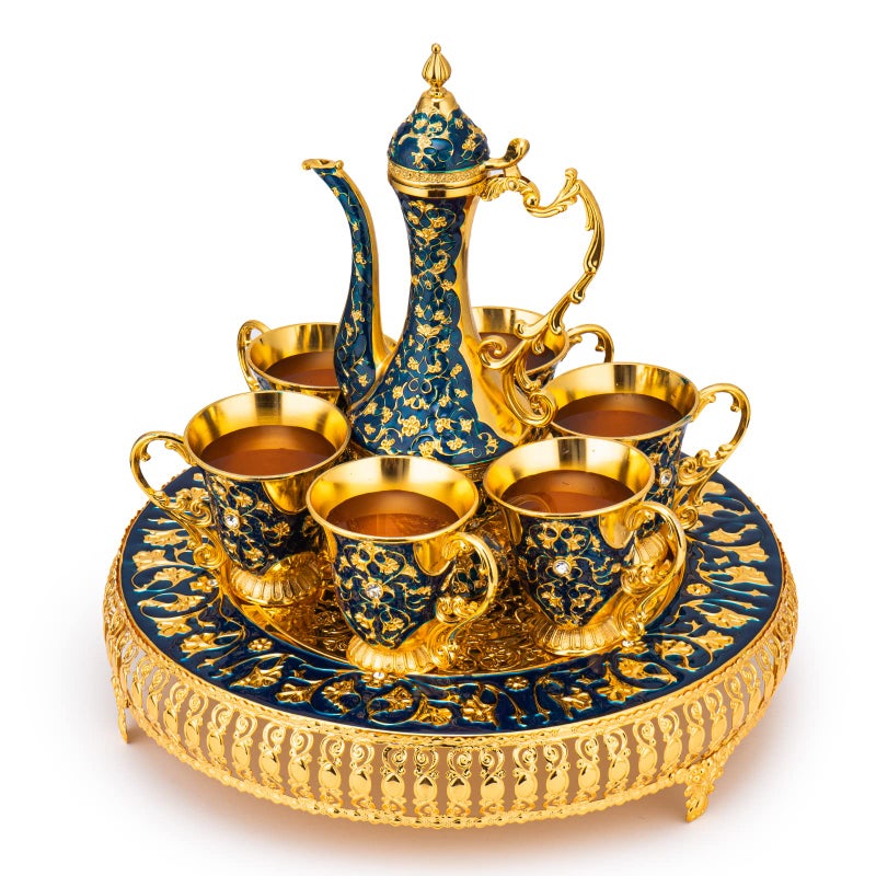 Vintage Extra Large Turkish Coffee Tea Pot Set for 6 by Gute with Large Crystal Tray Teapot Gold with Shiny Crystal Blue 480ml 6 Vintage Moroccan Tea Glasses 230ml Teacups Gold