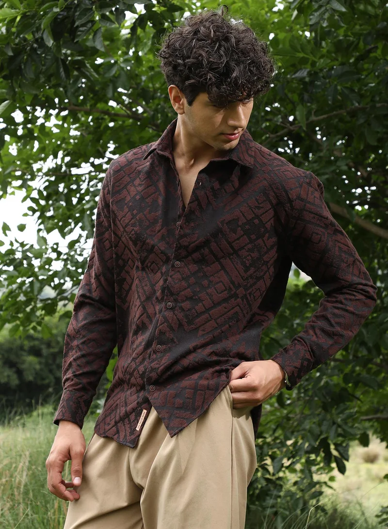 Campus Sutra Campus Sutra Men's Coffee Brown Faded-Cubic Jacquard Shirt | Spread Collar , Long Sleeve Cuffed Sleeves , Button Closure | Geometric Jacquard | Cotton-Blend Shirt For Casual Wear