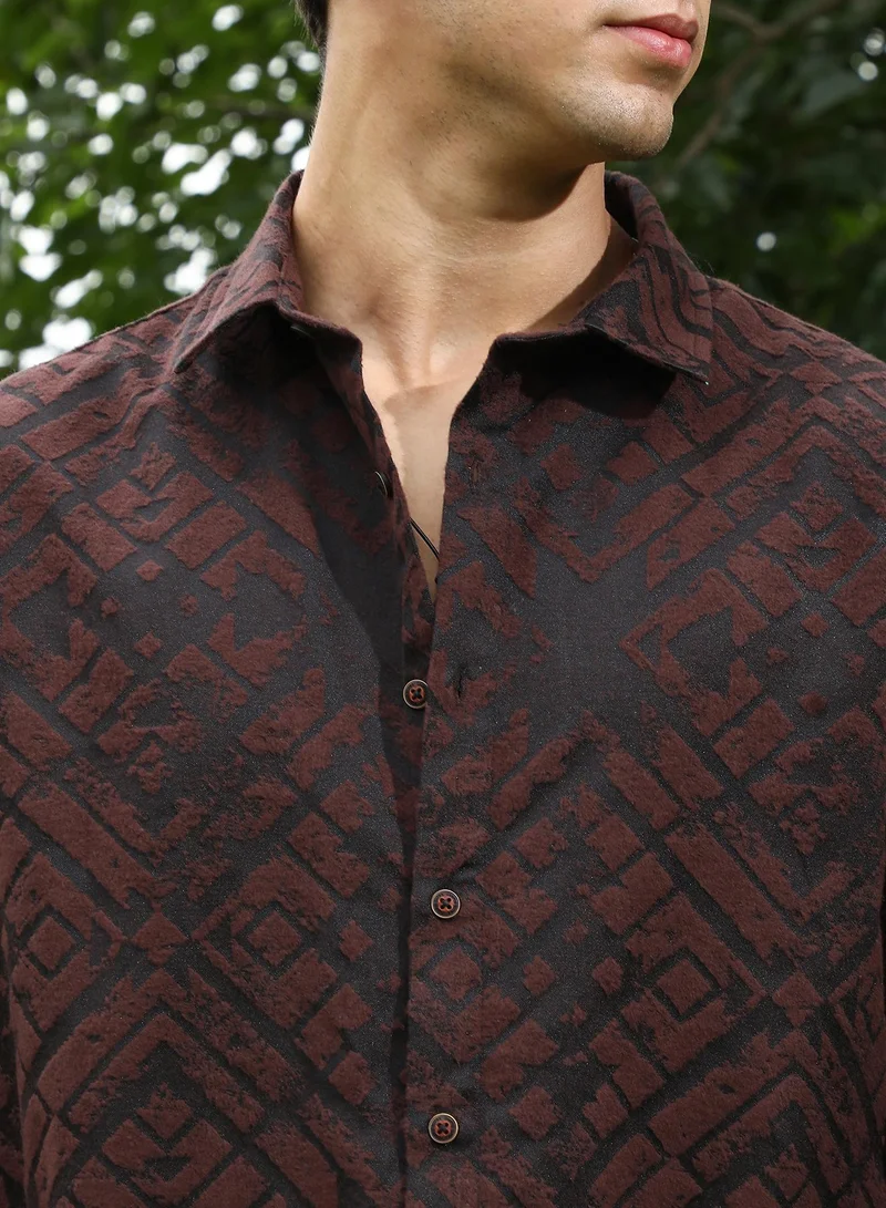 Campus Sutra Campus Sutra Men's Coffee Brown Faded-Cubic Jacquard Shirt | Spread Collar , Long Sleeve Cuffed Sleeves , Button Closure | Geometric Jacquard | Cotton-Blend Shirt For Casual Wear