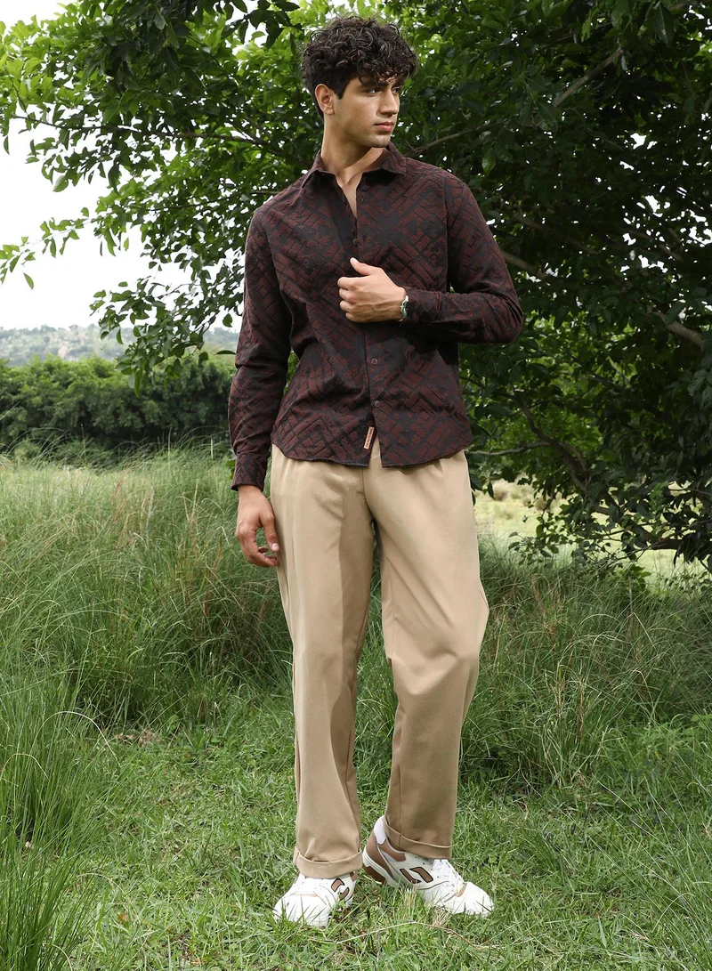 Campus Sutra Campus Sutra Men's Coffee Brown Faded-Cubic Jacquard Shirt | Spread Collar , Long Sleeve Cuffed Sleeves , Button Closure | Geometric Jacquard | Cotton-Blend Shirt For Casual Wear