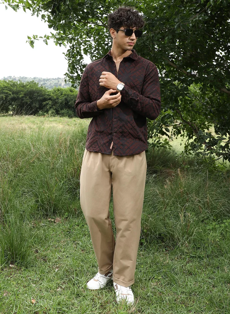 Campus Sutra Campus Sutra Men's Coffee Brown Faded-Cubic Jacquard Shirt | Spread Collar , Long Sleeve Cuffed Sleeves , Button Closure | Geometric Jacquard | Cotton-Blend Shirt For Casual Wear