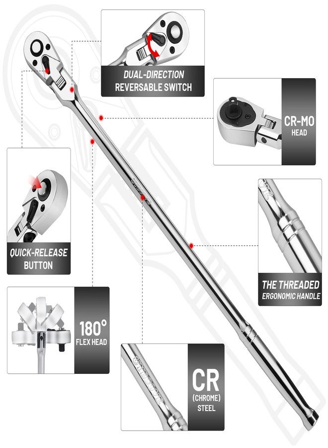 UYECOVE 3/8-Inch Drive Ratchet, Flex Head Ratchet 3/8 Ratchet Long Handle, 72 Tooth Quick Release Swivel Head Ratchet Cr-Mo Head Socket Wrench Flexible Ratchet Handle-18/457mm - Image 2