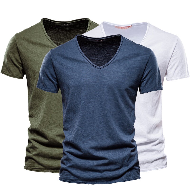2-Pack Men''s Solid Color Slub Cotton V-Neck Short-Sleeve T-Shirts, Pure Cotton and Style Men''s Clothing, Same Style Trendy Brand, Moisture-Wicking and Sweat-Wicking - Image 1