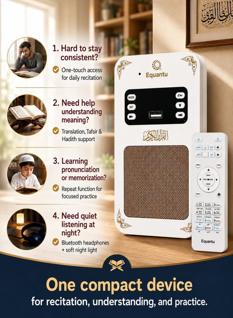 Equantu Wall-Mounted Quran Speaker with 16 Reciters, 16 Translations, Bluetooth, USB/FM, Remote, and Night Light - Image 4