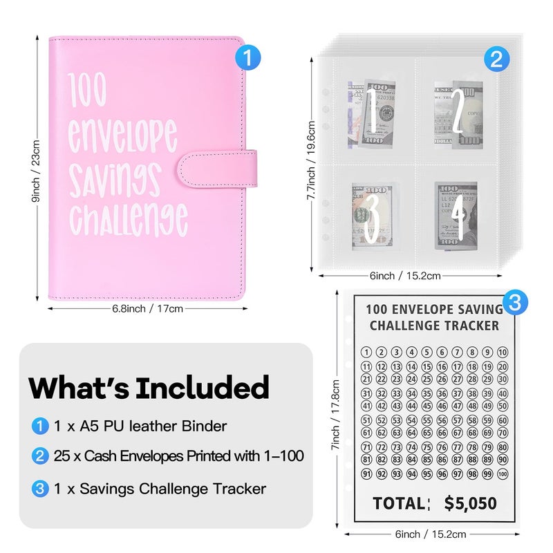 ARRLSDB 100 Envelopes Challenge Binder, 100 Envelopes Money Saving Challenge, A5 Money Saving Budget Binder with Cash Envelopes to Save $5,050 Budget Planner (Pink) - Image 2