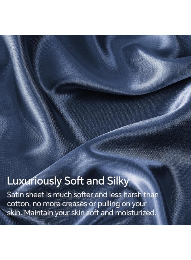 BEDELITE Satin Sheets Queen Size Bed Set, Luxury Soft Navy Silky Sheets for Hair and Skin, Similar to Silk Bed Sheets Set 4 Pieces （1 Deep Pocket Fitted Sheet, 1 Flat Sheet, and 2 Pillowcases） - Image 5